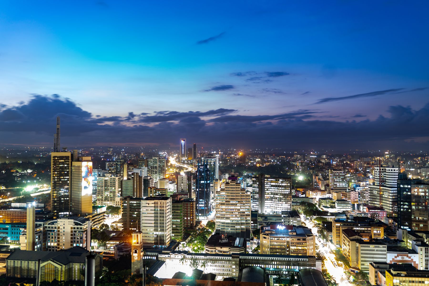 Nairobi skyline illuminated at dusk
