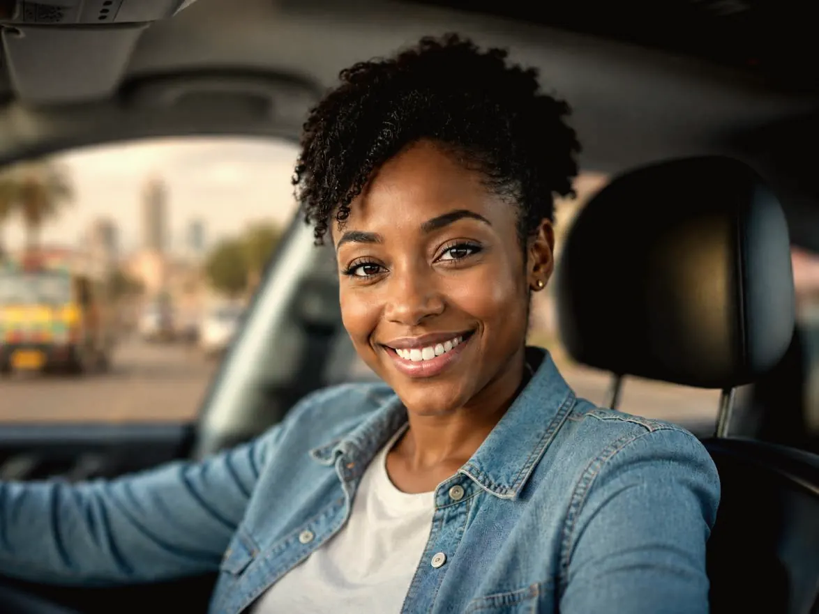 A smiling Creuse driver in her car